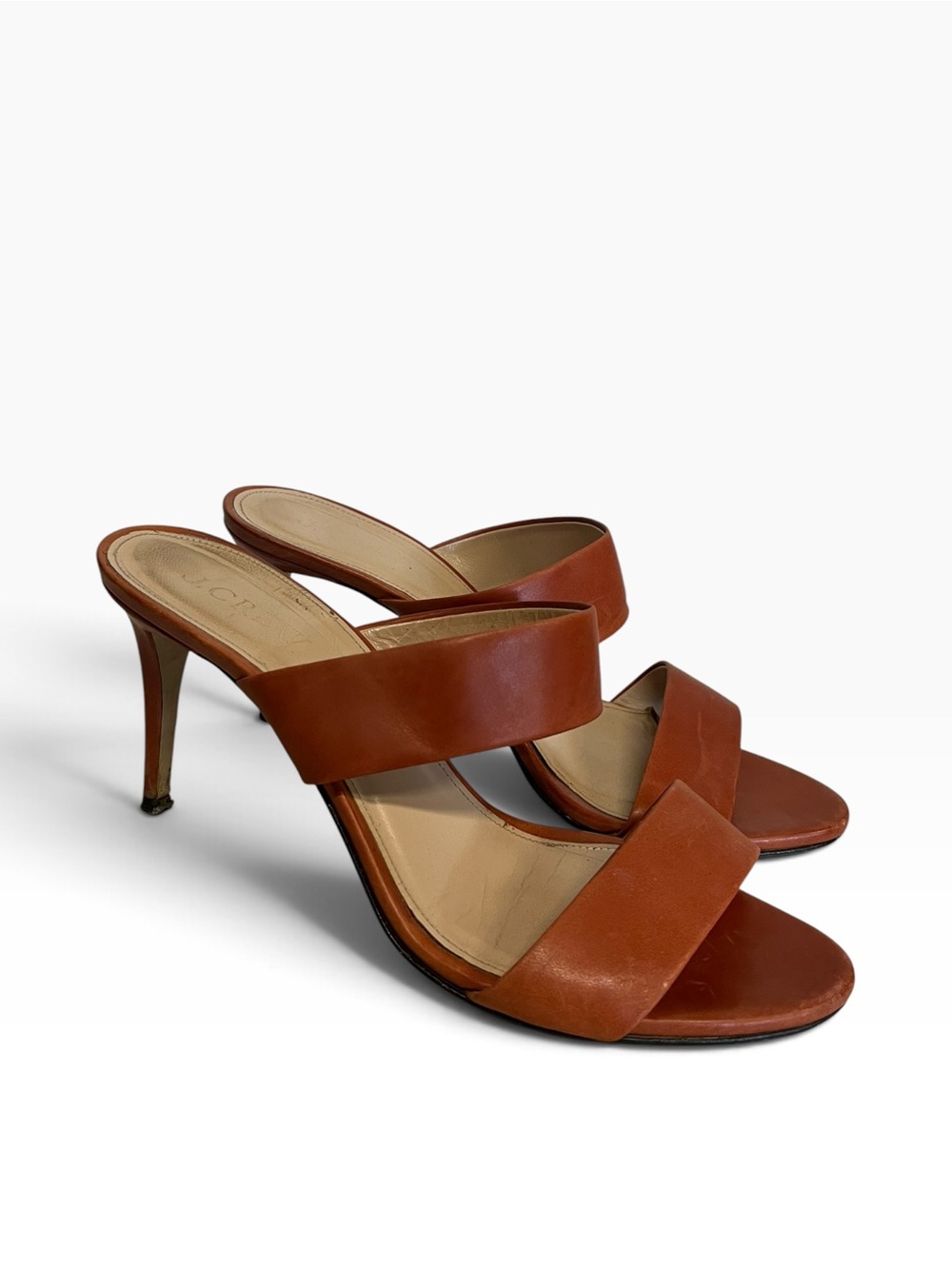 J. Crew | Lena Cognac Leather Heeled Leather Slide Sandals 8